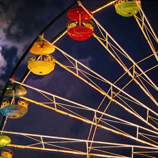 Ferris Moon: Vintage County Fair Ferris Wheel at Night - Beautiful Fine Art Photo | Canvas - Premium Paper - Metal - Acrylic | Free Shipping