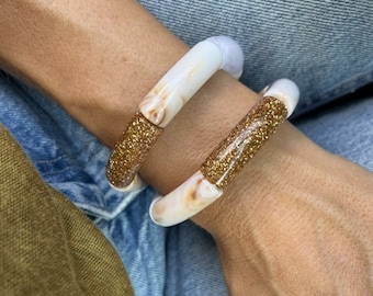 Bracelet tube perles paillettes et marbre blanc