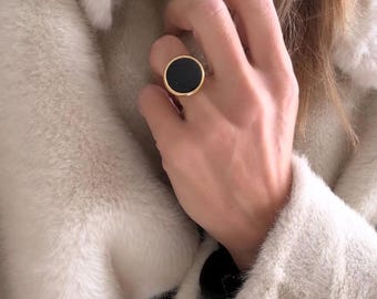 bague ronde disque réglable plaquée o ou argent noir