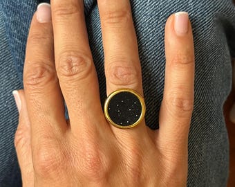bague ronde disque réglable plaquée or ou argent noir