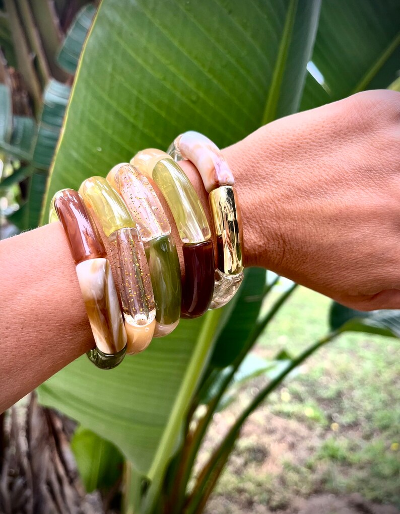 Pu&ograve; includere: Un set di cinque braccialetti colorati, impilati su un polso. I braccialetti sono in plastica trasparente e hanno un effetto marmorizzato. I colori sono marrone, verde, beige e bianco.