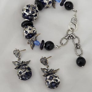 Handmade Silver Bracelet with Blue Fused Glass Lampwork Beads & Black Agate - Bohemian Artisan Jewelry
