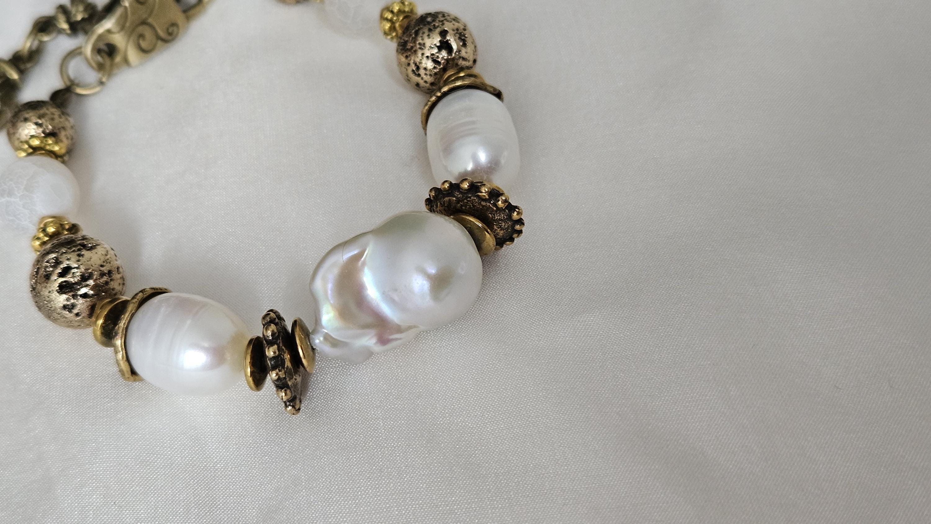 Handmade Brass Cuff Bracelet with Pearl Accent display picture 1