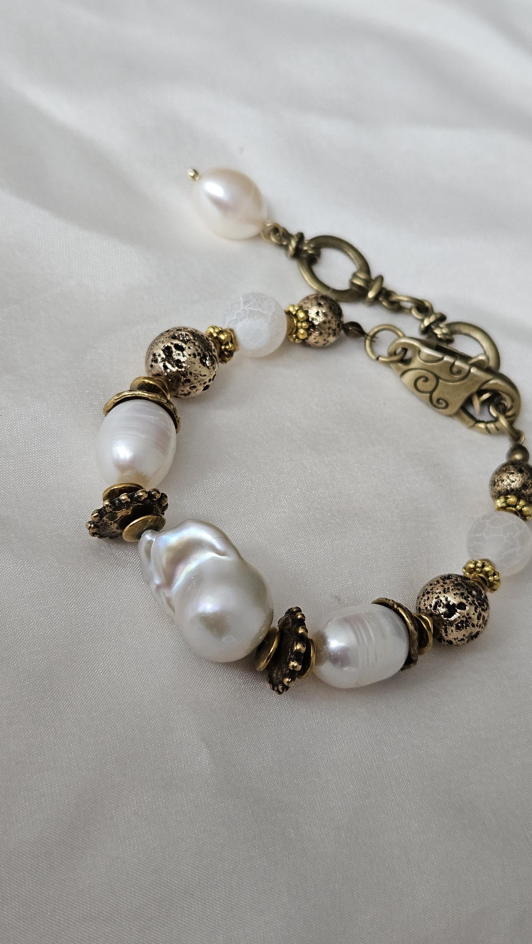 Handmade Brass Cuff Bracelet with Pearl Accent display picture 2