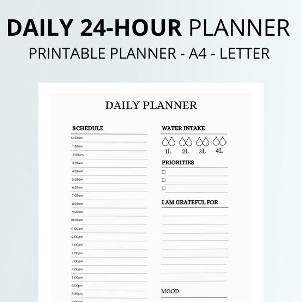 24 Hour Daily Planner, Daily Printable Planner, Daily To Do List, Everyday Planner, Daily Schedule, Productivity Planner