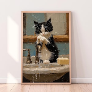 Black Cat Washing Hands – Bathroom Art – Oil Painting Style Digital Print