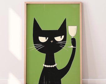 Funny Cat with Wine Glass Print: Mid-Century Modern Art (Digital Download)