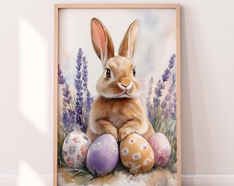 Impresión de conejito de Pascua en acuarela: Huevos florales, arte mural primaveral (descarga digital)