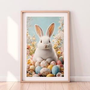 Art mural lapin de Pâques - Lapin blanc mignon avec oeufs de Pâques colorés et fleurs printanières - Impression d&#39;art numérique pour décoration de maison de vacances