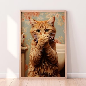 Funny Orange Cat Bathroom Art – Vintage Style Cat Wall Print, Whimsical Digital Download, Quirky Pet Humor Poster for Cat Lovers