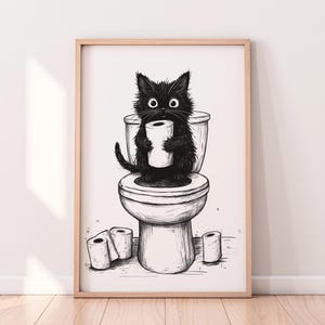Funny Cat Bathroom Art – Black and White Sketch Print, Quirky Restroom Decor, Cute Kitty with Toilet Paper, Minimalist Humorous Wall Art