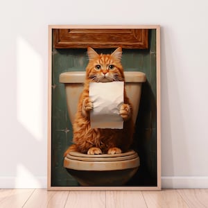 Ginger Cat on Toilet – Bathroom Art – Oil Painting Style Digital Print
