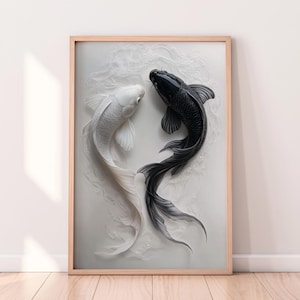Yin Yang Koi Fish Art Print – Minimalist Black & White Wall Decor – Symbolic Balance and Harmony