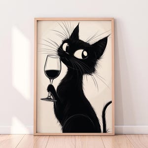 Cat with Wine Glass — Cute Wine Art Print, Funny Cat Wall Art, Wine Lover Gift, Digital Wine Poster, Modern Kitchen Decor — Instant Download