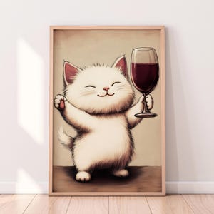 White Cat with Wine Glass — Cute Printable Wine Poster, Funny Cat Wall Art, Wine Lover Gift, Whimsical Kitchen Decor — Instant Download