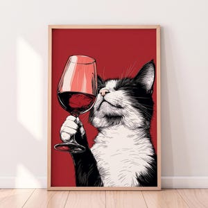 Cat Sniffing Wine — Wine Art Printable, Wine Lover Gift, Modern Cat Wall Art, Funny Bar Decor — Red Wine Digital Poster
