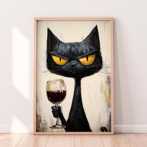 Gato negro con vino tinto: arte imprimible con vino audaz, póster de Grumpy Cat, regalo para amantes del vino, arte mural pictórico con actitud — Descarga instantánea