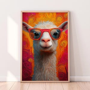 Funky Llama Art – Colorful Pop Art Animal Print – Funny Hipster Llama with Glasses – Vibrant Digital Wall Decor – Large Canvas