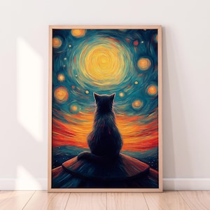 Arte de gato de noche estrellada: pintura cósmica de ensueño, impresión caprichosa inspirada en Van Gogh, decoración de pared de felino celestial, lienzo digital