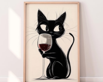 One-line Drawing Black Cat & Red Wine One-line Horizontal Art Print ...