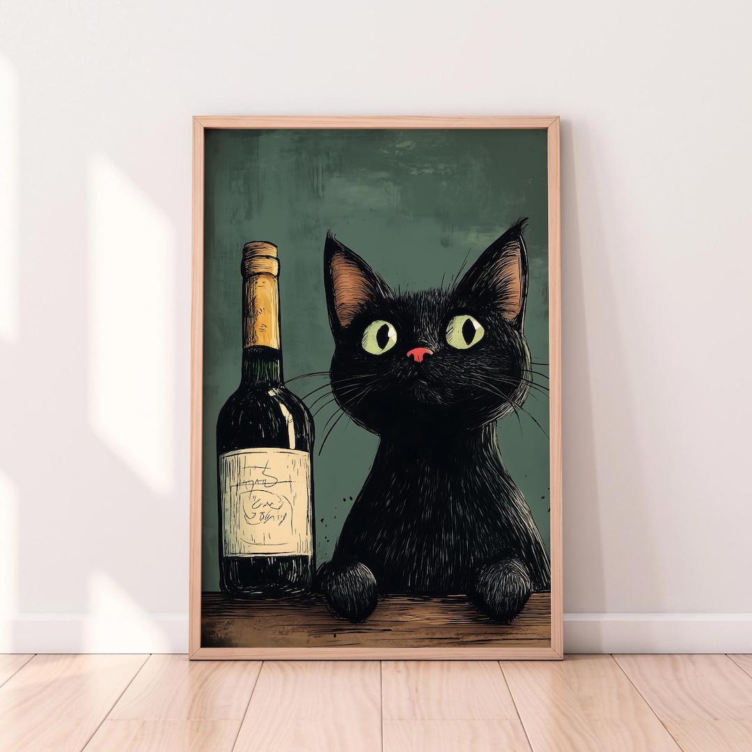 Vintage Cat With Wine Bottle — Printable Wine Wall Art, Wine Lover Gift ...