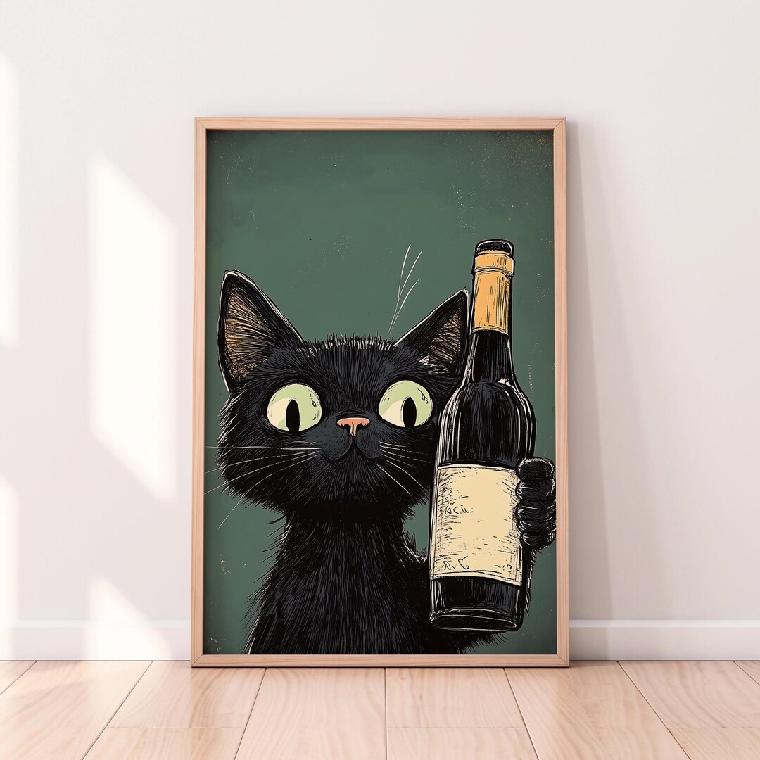 Funny Black Cat Wine Poster: Whimsical Bar Art (digital Download) - Etsy
