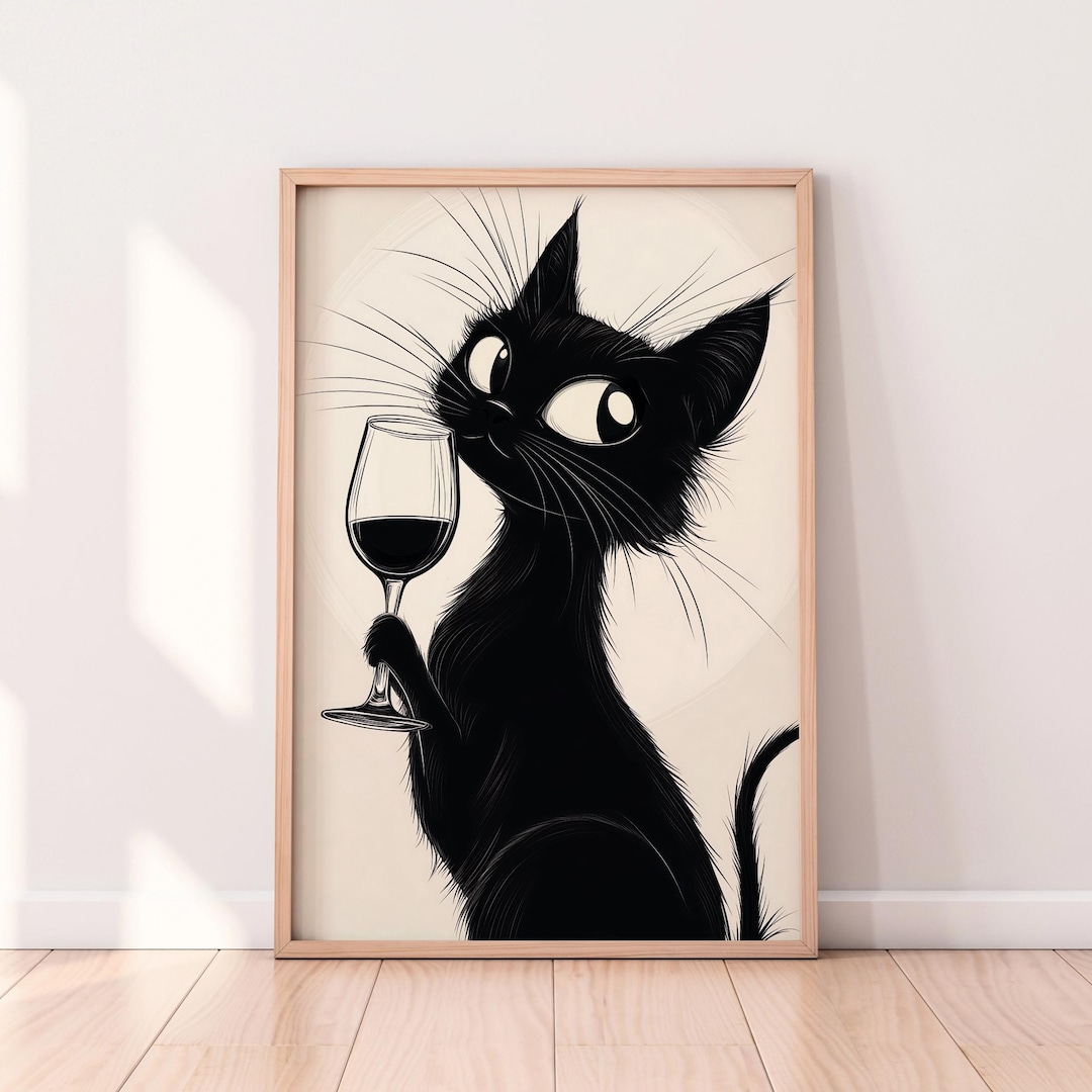 Cat With Wine Glass — Cute Wine Art Print, Funny Cat Wall Art, Wine ...