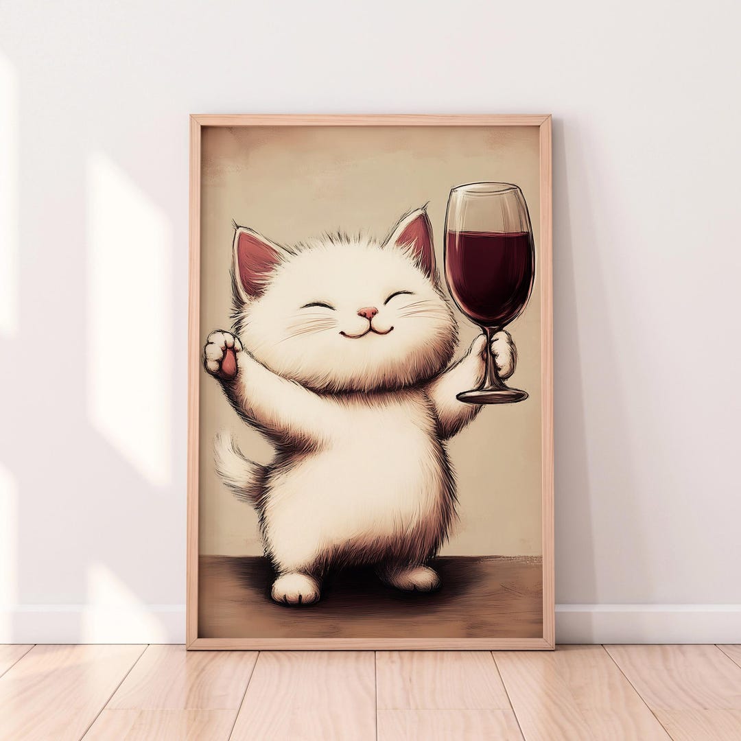Funny White Cat Wine Poster: Whimsical Kitchen Art (digital Download ...