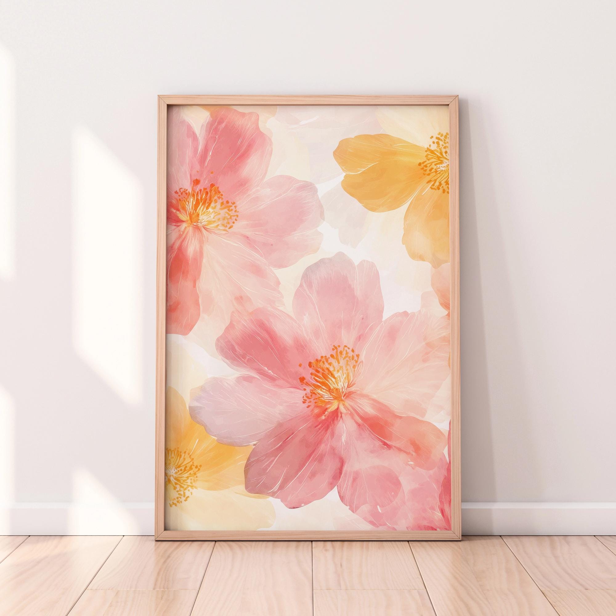 Watercolor Floral Wall Art Print – Soft Pink & Yellow Flower Art ...