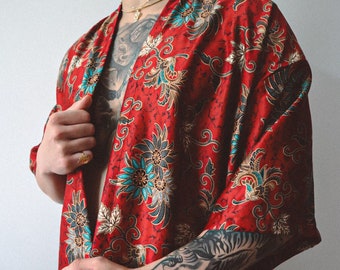 Red Black Floral Silk Kimono Robe with Matching Shorts Set Men, best gift for him, bohemian style clothing for husband, luxury night wear