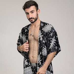 男性用ブラックホワイトシルク着物ローブセットとボクサーパンツ、ハネムーンギフト夫、高級カフタン、メンズシルクシャツカーディガン、パーティー衣装