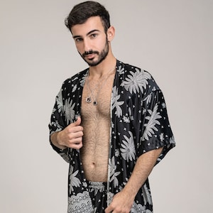 Black White Silk Kimono Robe with Matching Shorts for Men, best gift for him husband , Mens Floral Bohemian festival wear, sleepwear pyjamas