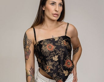 Black Gold Floral Silk Cropped Bandana Backless Top Tie Back Womens, indonesian fabric strap crop clothing, gift for her, bohemian fashion