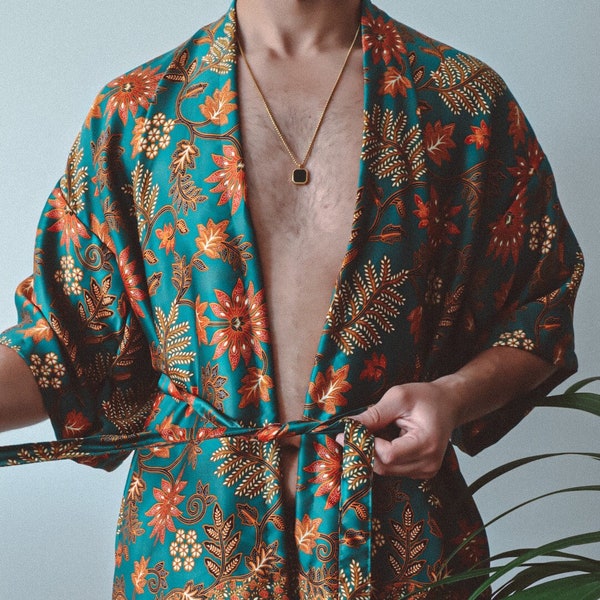 Blue Teal Orange Floral Silk Kimono Robe with Matching Shorts Set for Men, men’s festival tulum outfit, bohemian style luxury nightwear