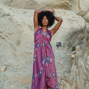 Fall Style Gifts Pink Purple Floral Long Silk Maxi Dress Womens Clothing