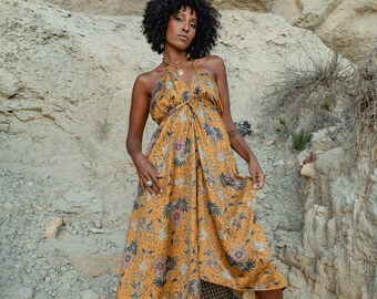Floral Silk Maxi Dress, womens fall style, Yellow Boho Halter, 8th anniversary gift