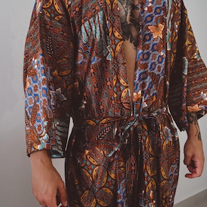 Purple Orange Floral Silk Long Kimono Men, Festival Kimono Floor Length Robe, Loungewear Christmas Gift, Mens Printed Kaftan