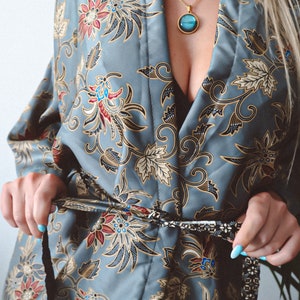 handmade womens grey silver floral silk kimono, long kimono for women, sexy gifts for her