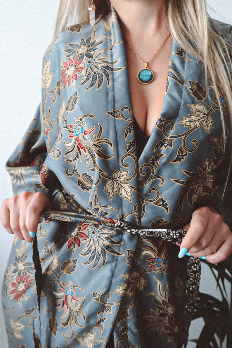 handmade womens grey silver floral silk kimono, long kimono for women, sexy gifts for her