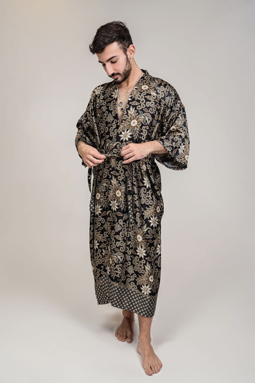 Father’s Day Gift Mens Black Gold Floral Silk Long Kimono Robe Floor ...