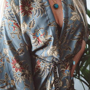 handmade womens grey silver floral silk kimono, long kimono for women, sexy gifts for her