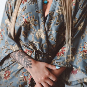 cottagecore handmade womens grey silver floral silk kimono, long kimono for women, sexy gifts for her