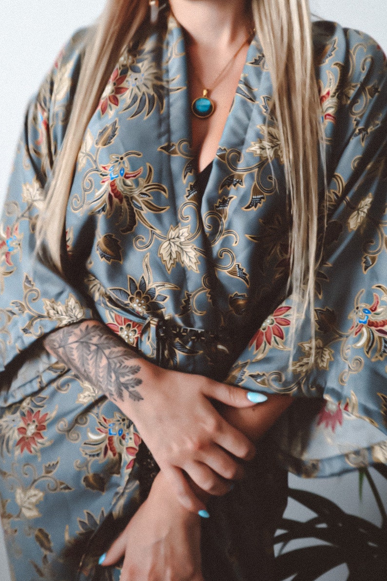 cottagecore handmade womens grey silver floral silk kimono, long kimono for women, sexy gifts for her