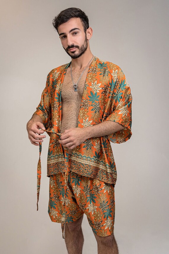 Mens Burnt Orange Blue Floral Silk Kimono Robe Boxer Shorts Set Loungewear for Him Boho Jacket Cardigan Christmas Gift for Husband Etsy UK