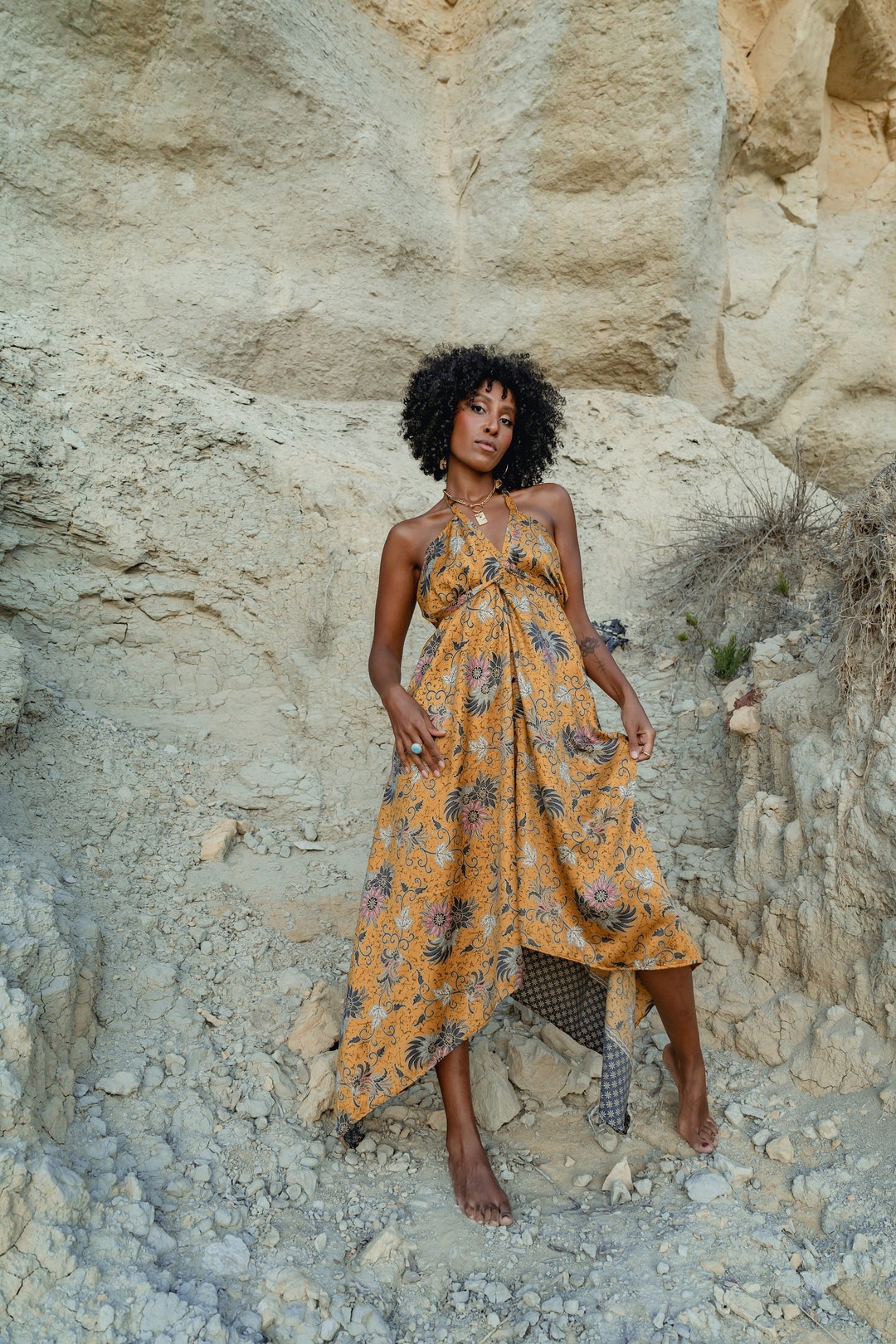 Floral Silk Maxi Dress: Yellow Boho Halter, Handmade in Indonesia