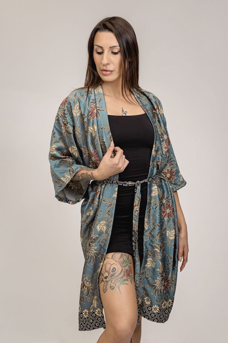 handmade womens grey silver floral silk kimono, long kimono for women, sexy gifts for her