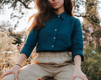 100% hemp blouse petrol | pure hemp blouse | hemp shirt | button up shirt | teal | dark turquoise | green blue | ocean blue | opal | XS - XL