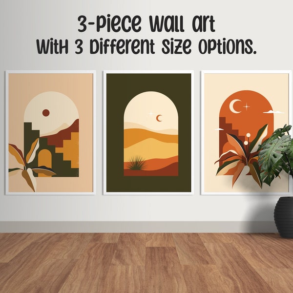 Digitally printable, bohemian style 3-piece poster, wall art for living rooms.