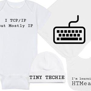 Mostly IP - Baby Onesie® / Tiny Techie Hat / HTML Bib / Keyboard Blanket