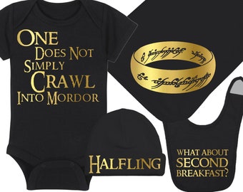 LOTR Baby Onesie® / Hat / Blanket / Bib Package Combinations- One Does Not Simply Crawl Into Mordor / Halfling / One Ring / Second Breakfast